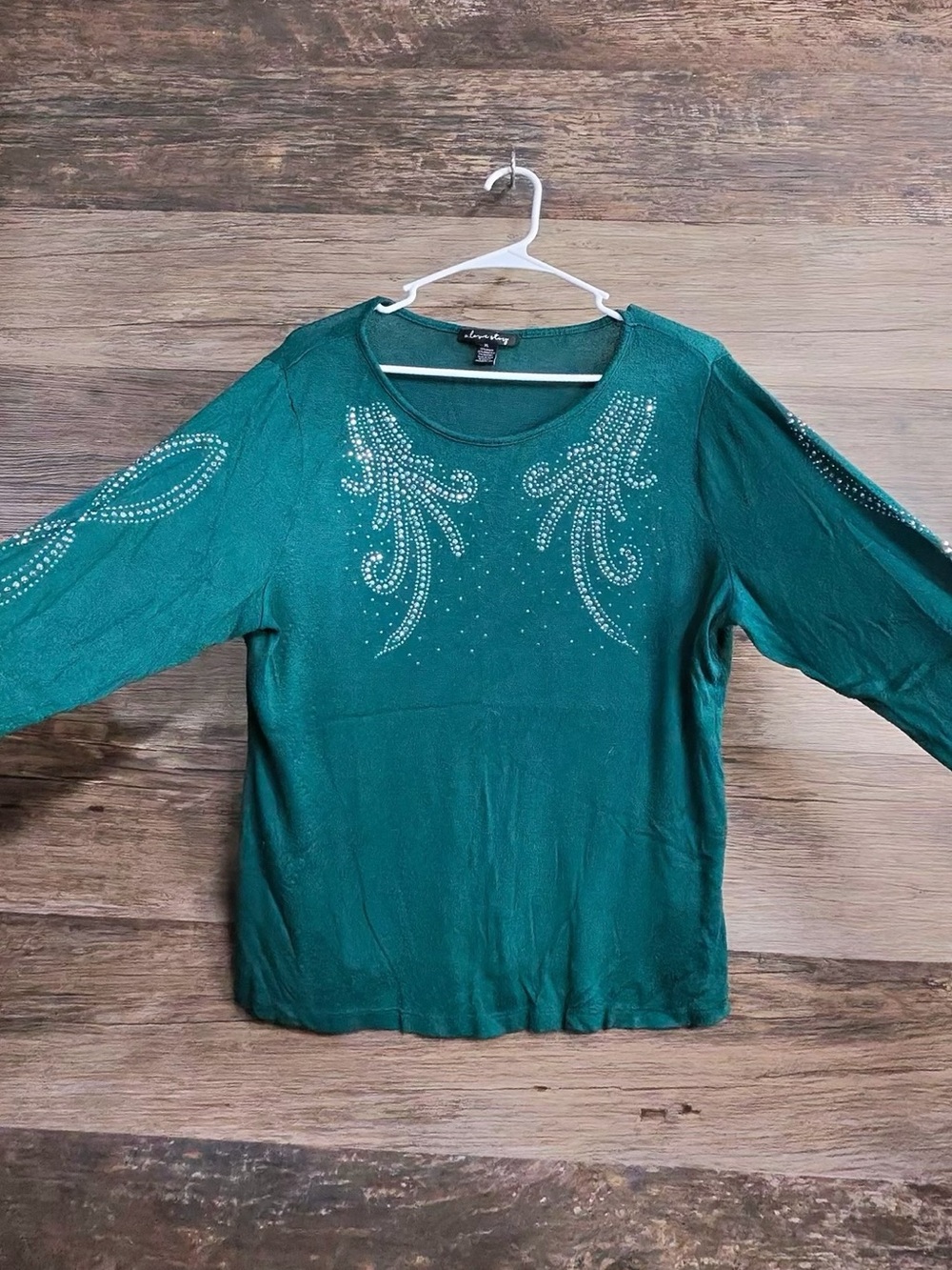 A Love Story Embellished Teal Long Sleeve Scoop Neck Top
